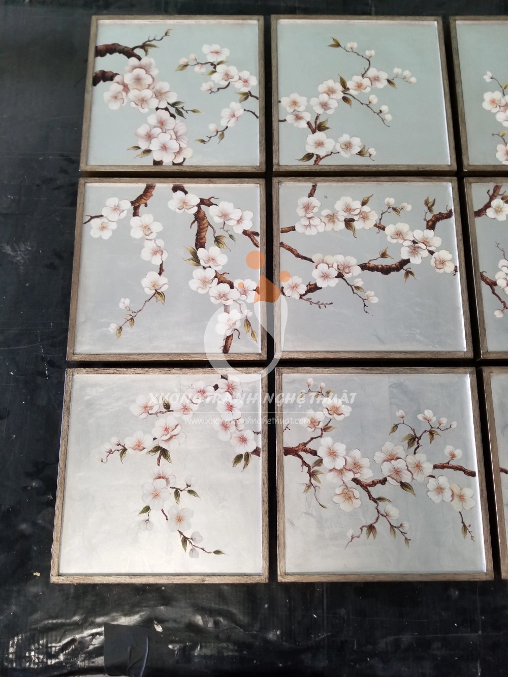 Bộ Tranh Hoa Đào 09 Tấm Vẽ Xuôi Trên nền Lá Bạc