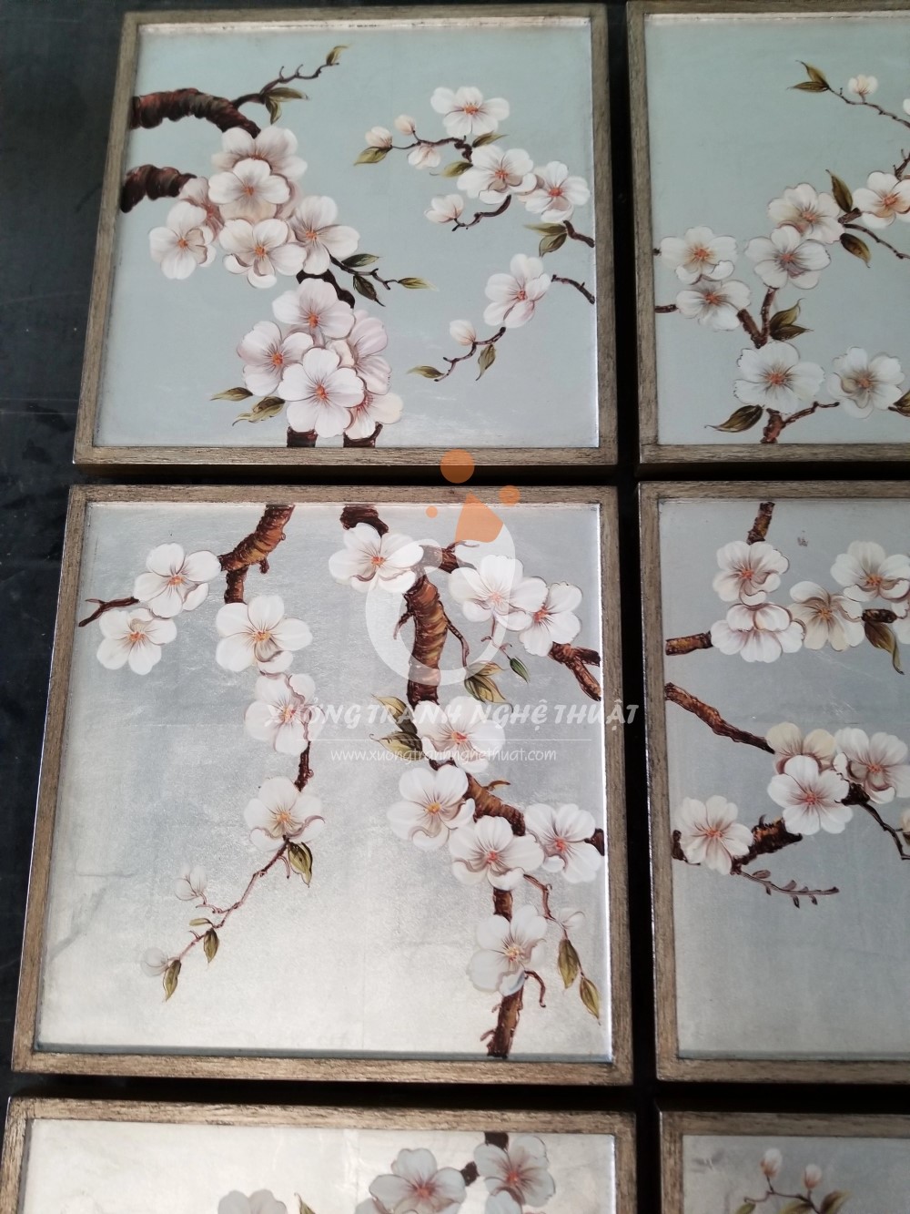 Bộ Tranh Hoa Đào 09 Tấm Vẽ Xuôi Trên nền Lá Bạc