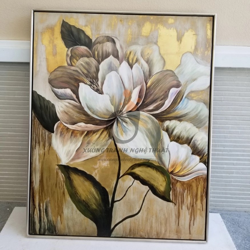 Tranh Hoa Mẫu Đơn Vẽ Xuôi Dát Lá Đồng