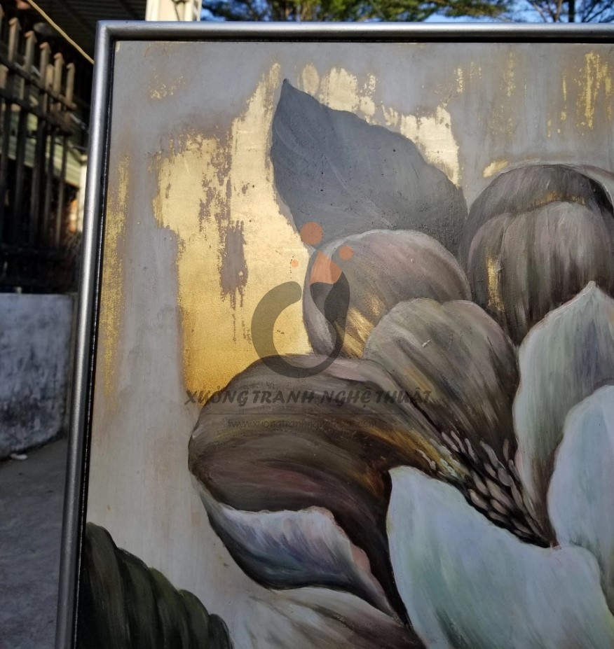 Tranh Hoa Mẫu Đơn Vẽ Xuôi Dát Lá Đồng