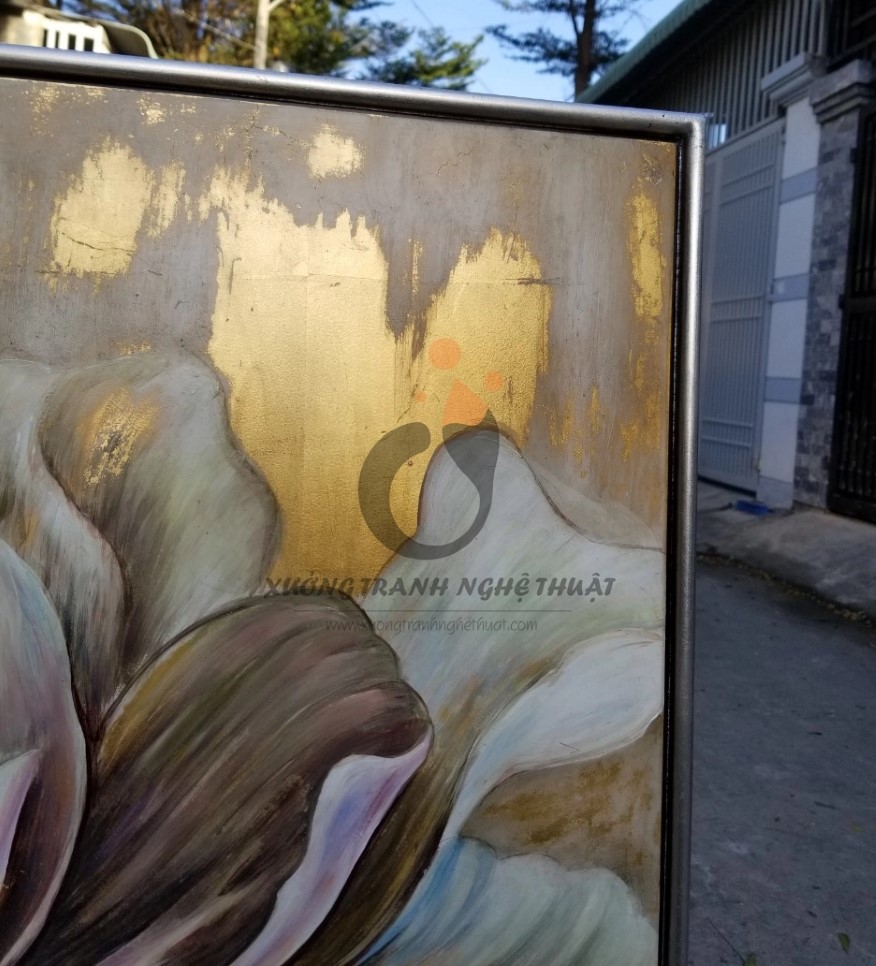 Tranh Hoa Mẫu Đơn Vẽ Xuôi Dát Lá Đồng