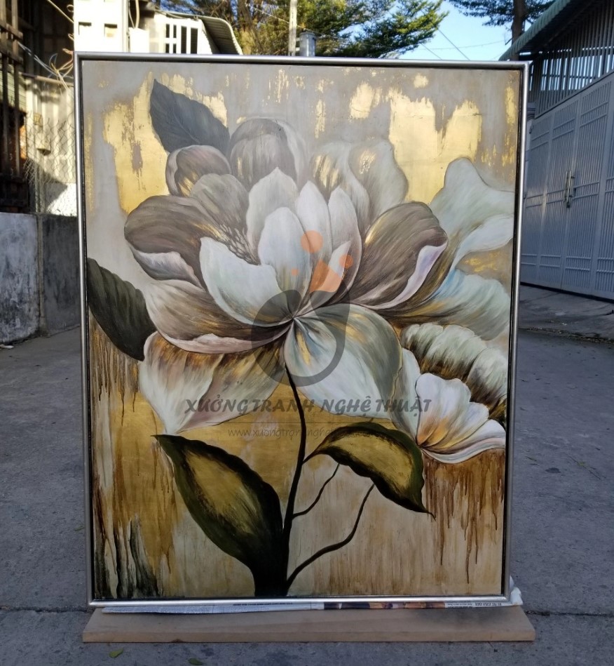 Tranh Hoa Mẫu Đơn Vẽ Xuôi Dát Lá Đồng