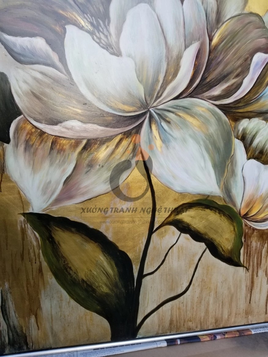 Tranh Hoa Mẫu Đơn Vẽ Xuôi Dát Lá Đồng
