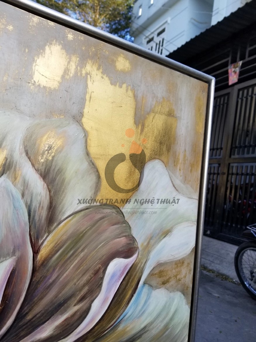 Tranh Hoa Mẫu Đơn Vẽ Xuôi Dát Lá Đồng