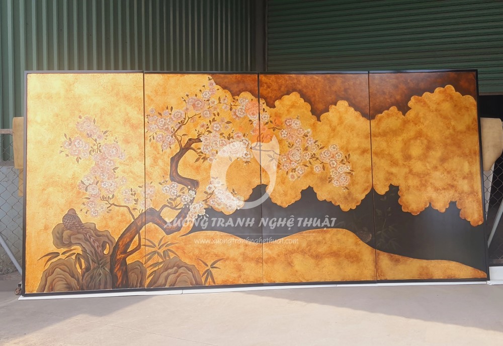 Bộ Tranh 04 Tấm Trên Nền Lá Vàng - Dặm Màu