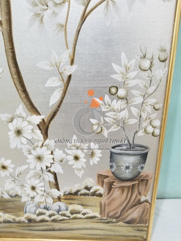 Cặp Tranh Chim Trên Cành Cây Hoa Vẽ Trên Nền Vải Bố Dát Bạc
