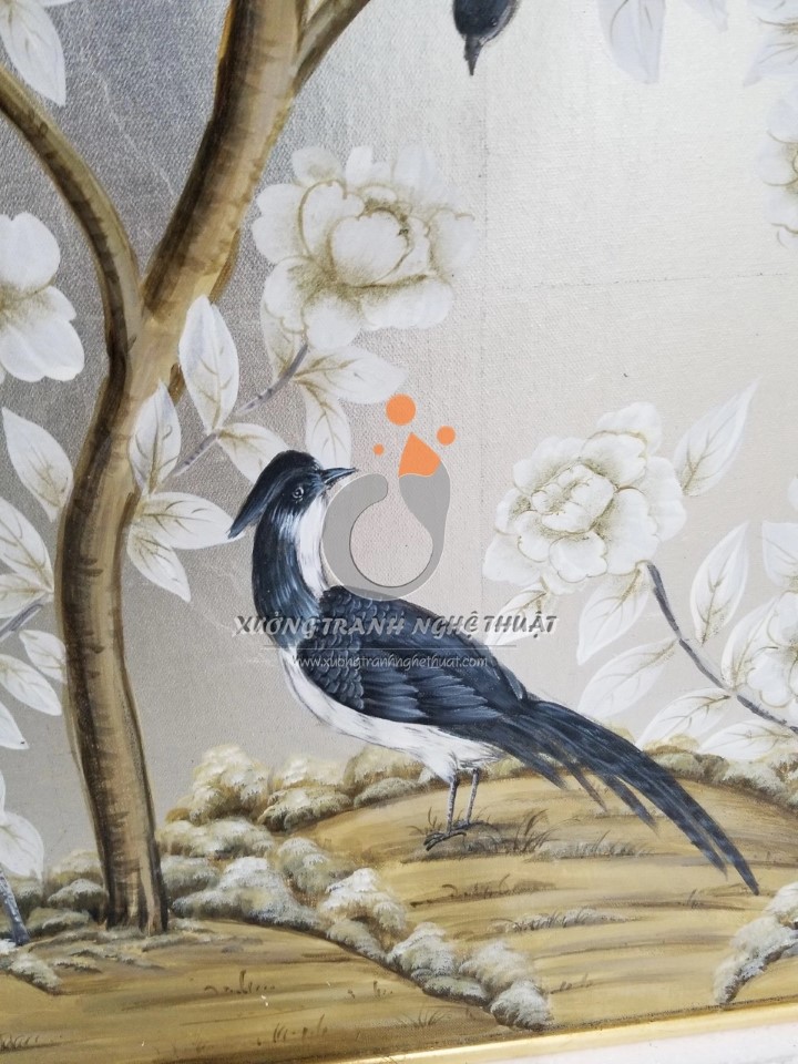 Cặp Tranh Chim Trên Cành Cây Hoa Vẽ Trên Nền Vải Bố Dát Bạc