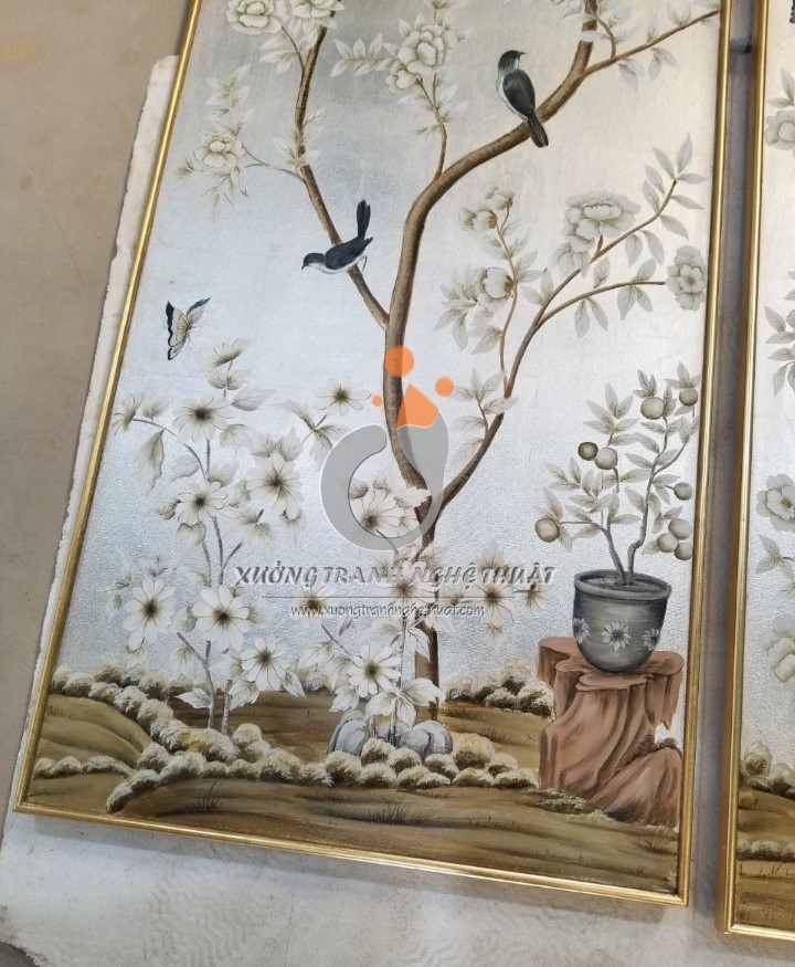 Cặp Tranh Chim Trên Cành Cây Hoa Vẽ Trên Nền Vải Bố Dát Bạc