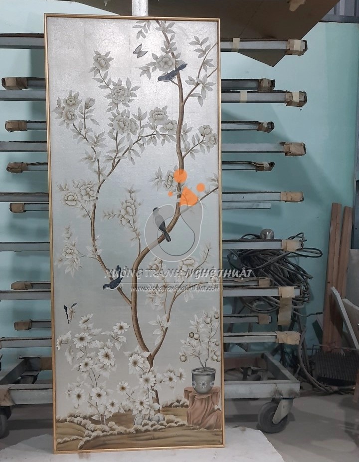 Cặp Tranh Chim Trên Cành Cây Hoa Vẽ Trên Nền Vải Bố Dát Bạc
