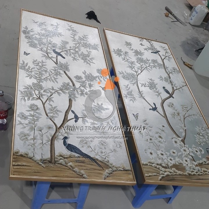 Cặp Tranh Chim Trên Cành Cây Hoa Vẽ Trên Nền Vải Bố Dát Bạc