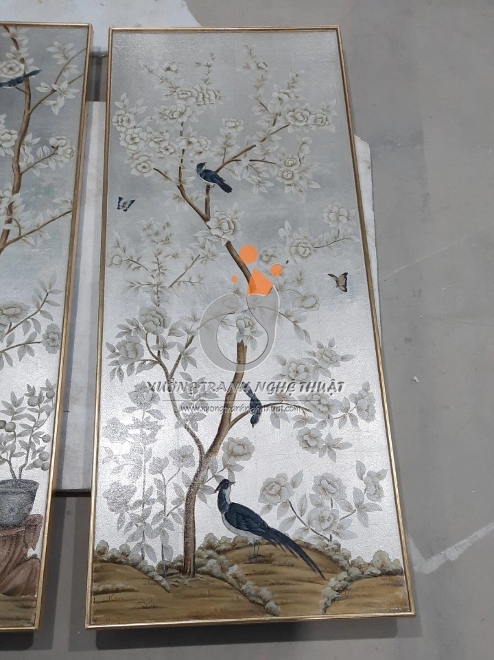Cặp Tranh Chim Trên Cành Cây Hoa Vẽ Trên Nền Vải Bố Dát Bạc
