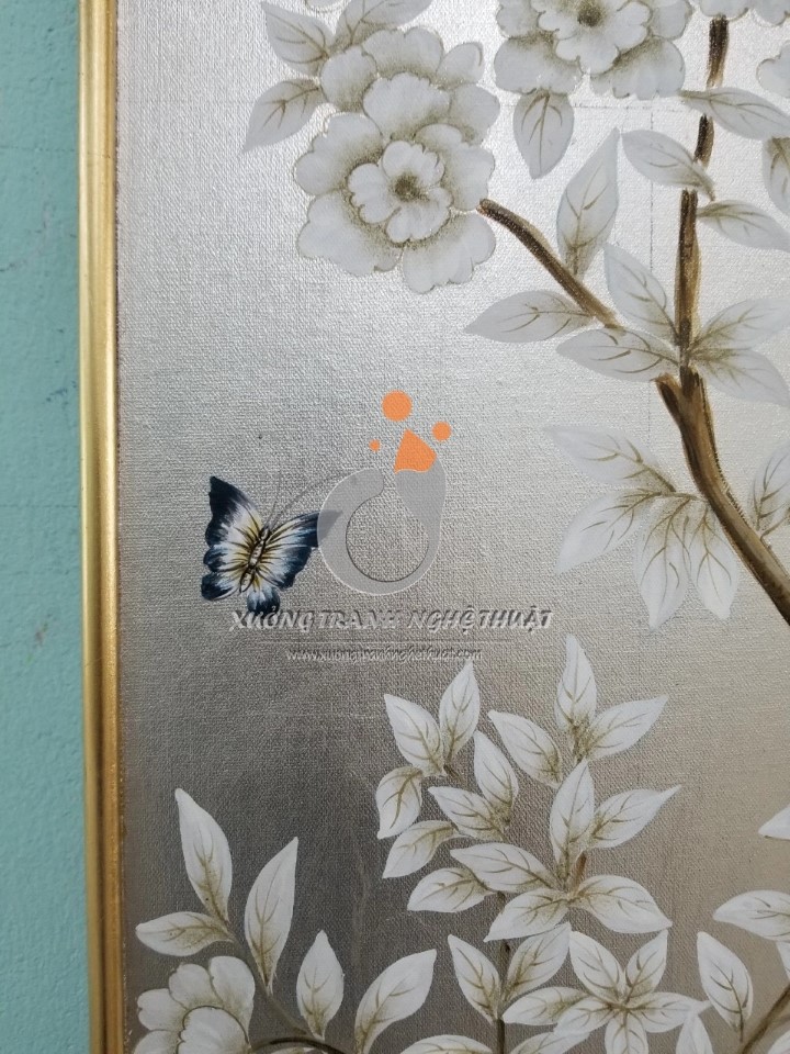Cặp Tranh Chim Trên Cành Cây Hoa Vẽ Trên Nền Vải Bố Dát Bạc