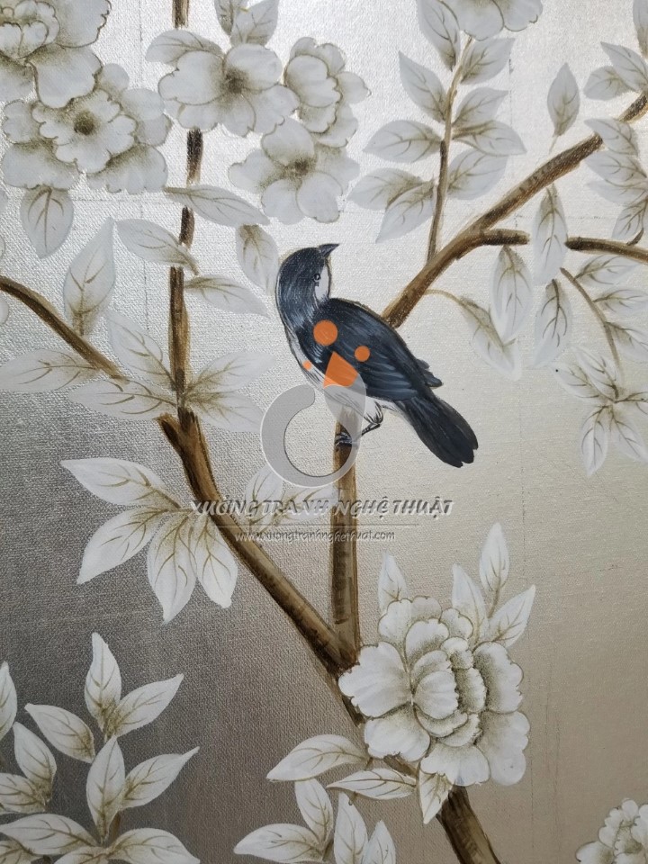 Cặp Tranh Chim Trên Cành Cây Hoa Vẽ Trên Nền Vải Bố Dát Bạc