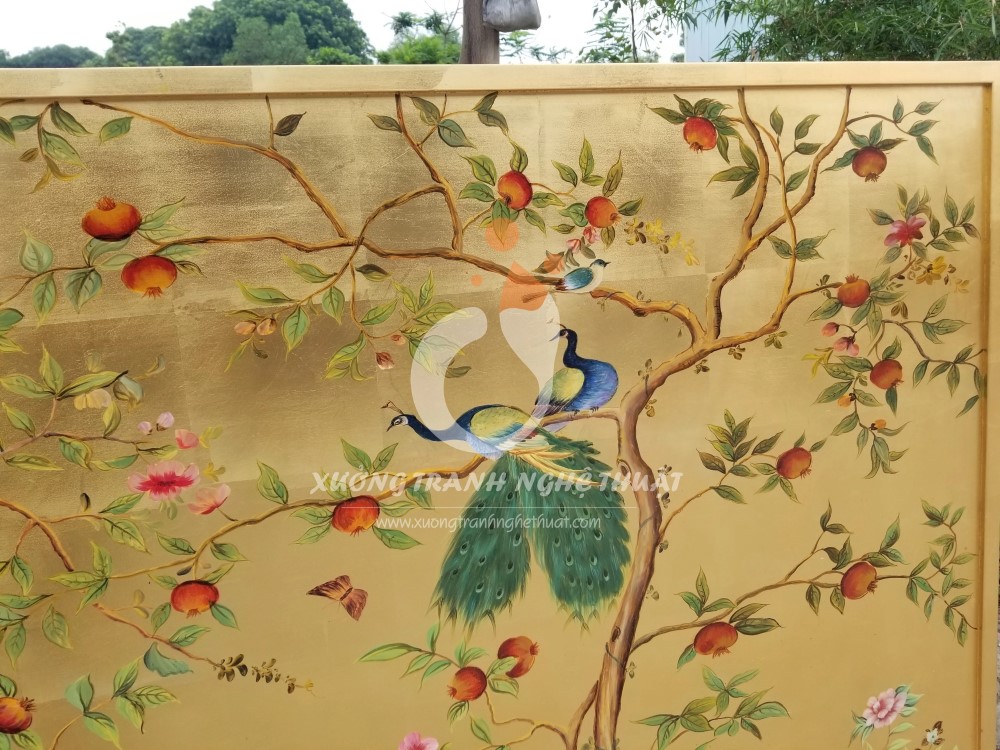 Tranh Chim Công Và Cây Lựu Đỏ Dán Lá Đồng