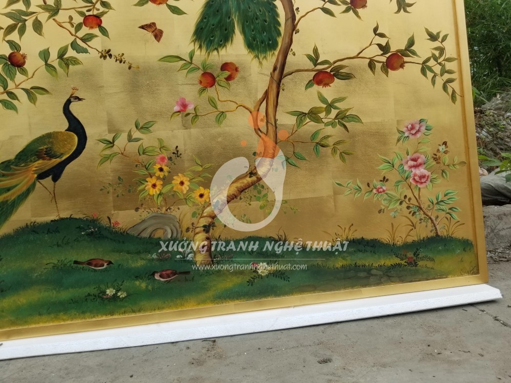 Tranh Chim Công Và Cây Lựu Đỏ Dán Lá Đồng