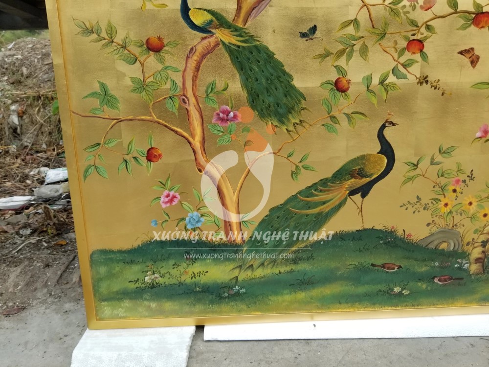 Tranh Chim Công Và Cây Lựu Đỏ Dán Lá Đồng