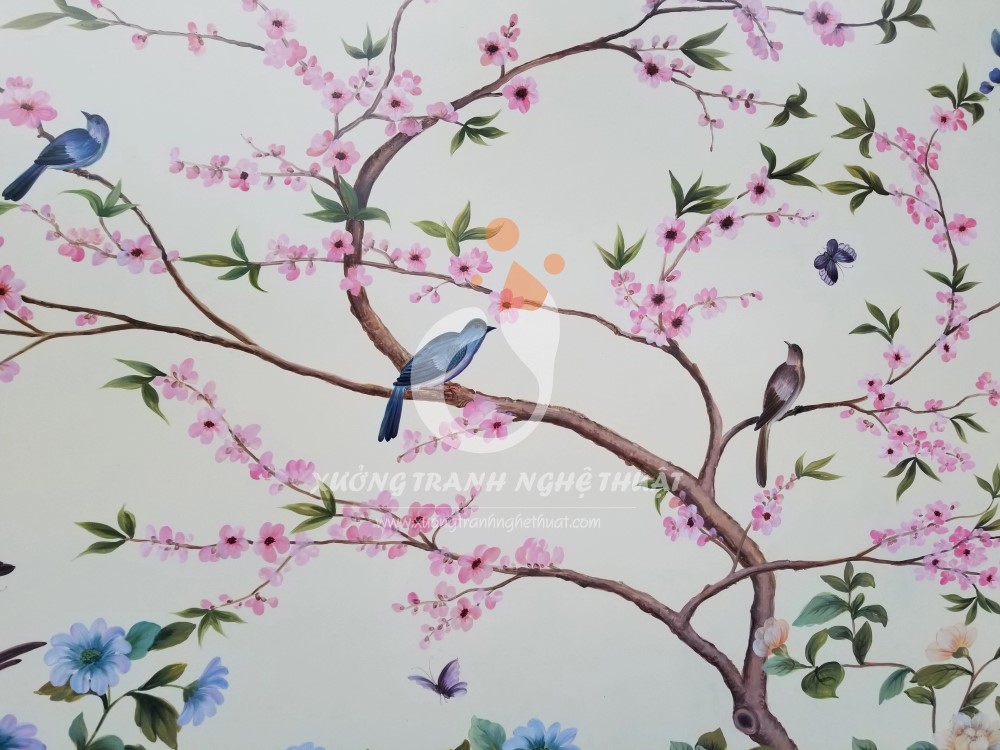 Tranh Sơn Dầu Chim Và Hoa Khoe Sắc, xưởng tranh nghệ thuật